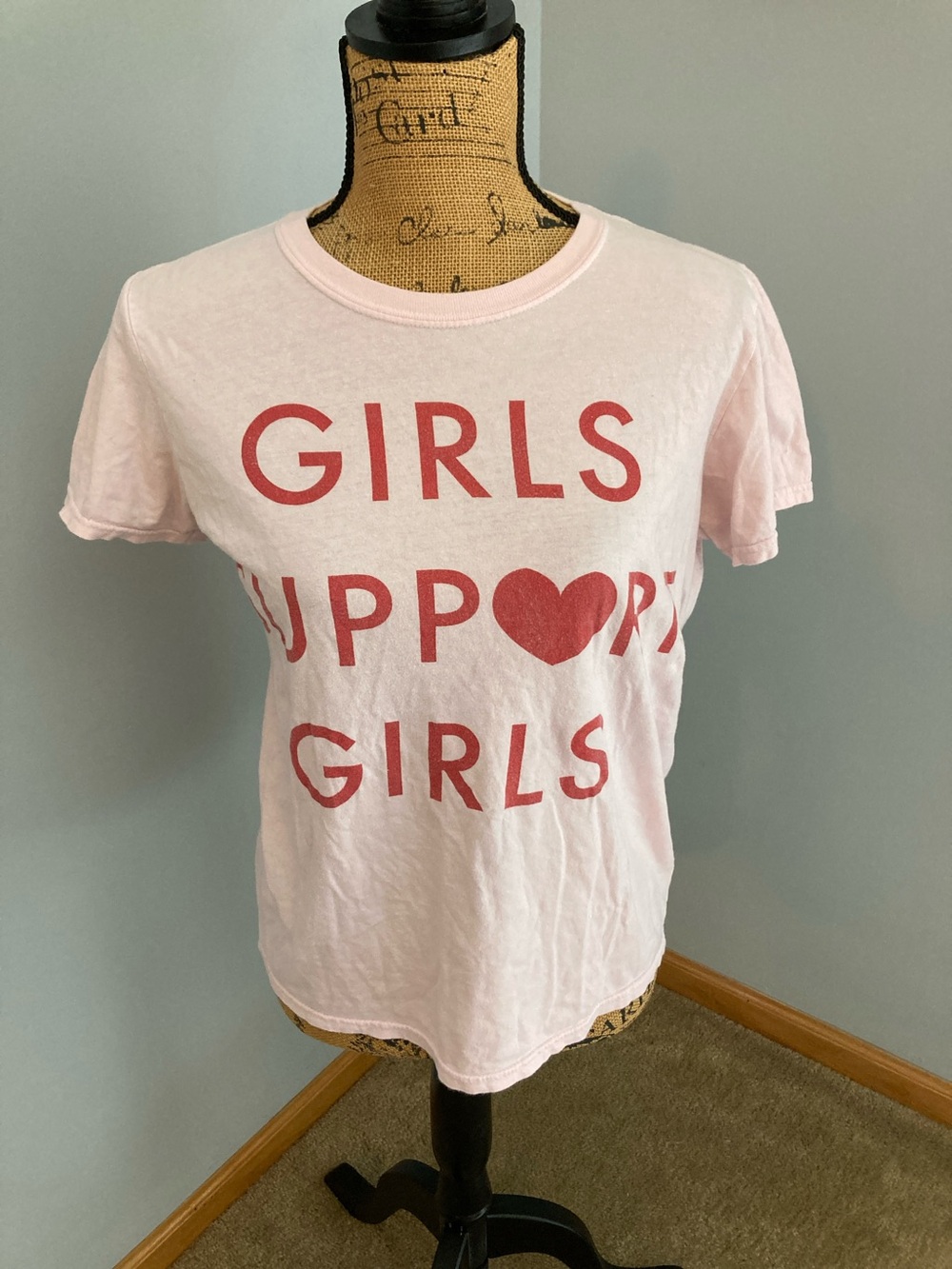 Gildan Pink Tee with Red 'Girls Support Girls' Graphic Girls Size Small